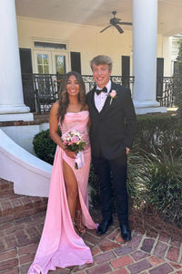 Strapless Pink Satin Fitted Long Formal Dress with Train