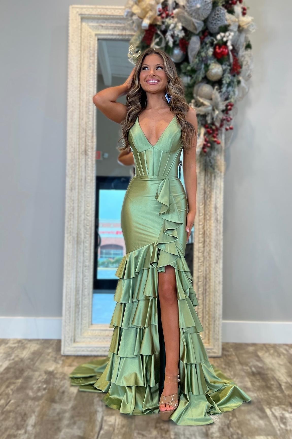 green satin ruffle dress Enchanted Forest Ruffle Dress