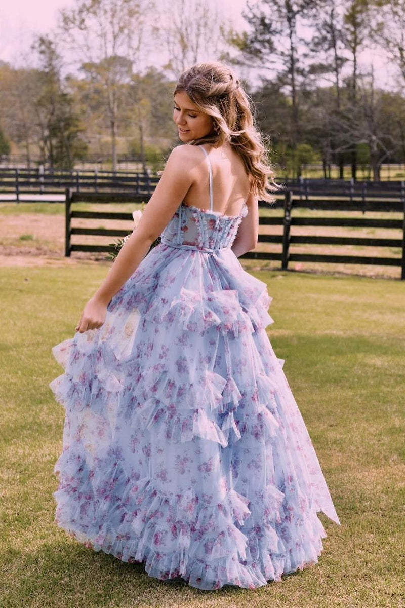 Straps Blue Floral Corset A-line Ruffle Prom Dress Dreamdressy Straps Blue Floral Corset A-line Ruffle Prom Dress Dreamdressy
