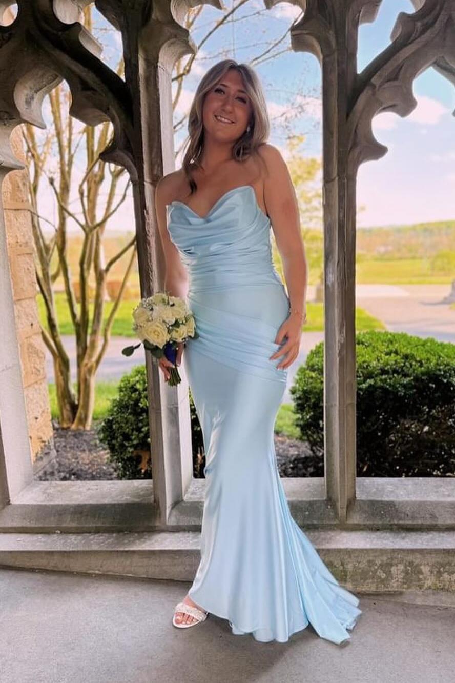 Cowl Neck Light Blue Ruched Fitted Formal Dress Cowl Neck Light Blue Ruched Fitted Formal Dress