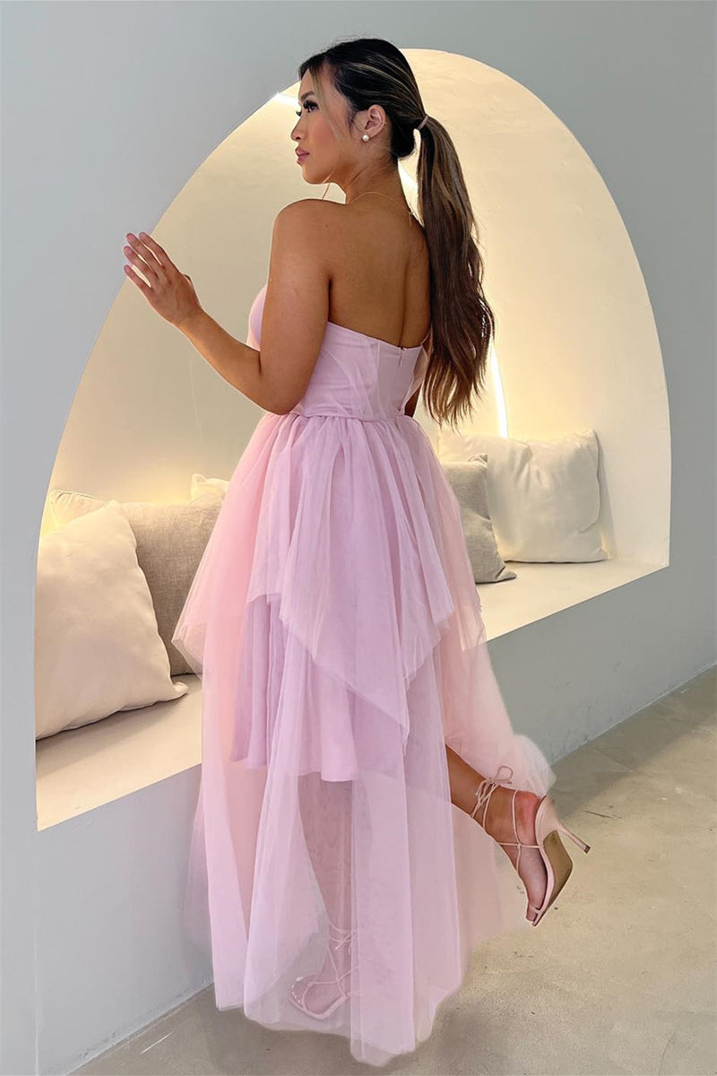 Pink Strapless Sweetheart Multi-Layers Tulle Long Prom Dress Pink Strapless Sweetheart Multi-Layers Tulle Long Prom Dress