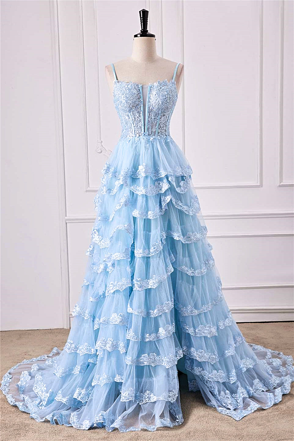 Puffy Sky Blue Prom Dress Light Blue Spaghetti Straps Floral Layers A-line Long Prom Dress Puffy Sky Blue Prom Dress Light Blue Spaghetti Straps Floral Layers A-line Long Prom Dress