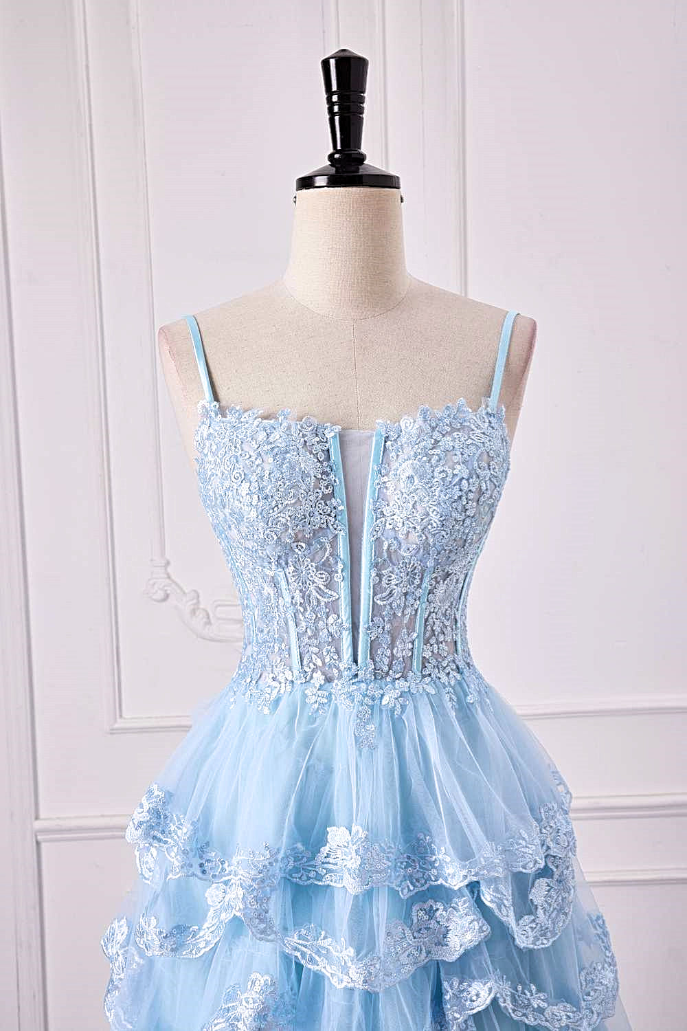 Light Blue Spaghetti Straps Floral Layers A-line Long Prom Dress with   Dreamdressy