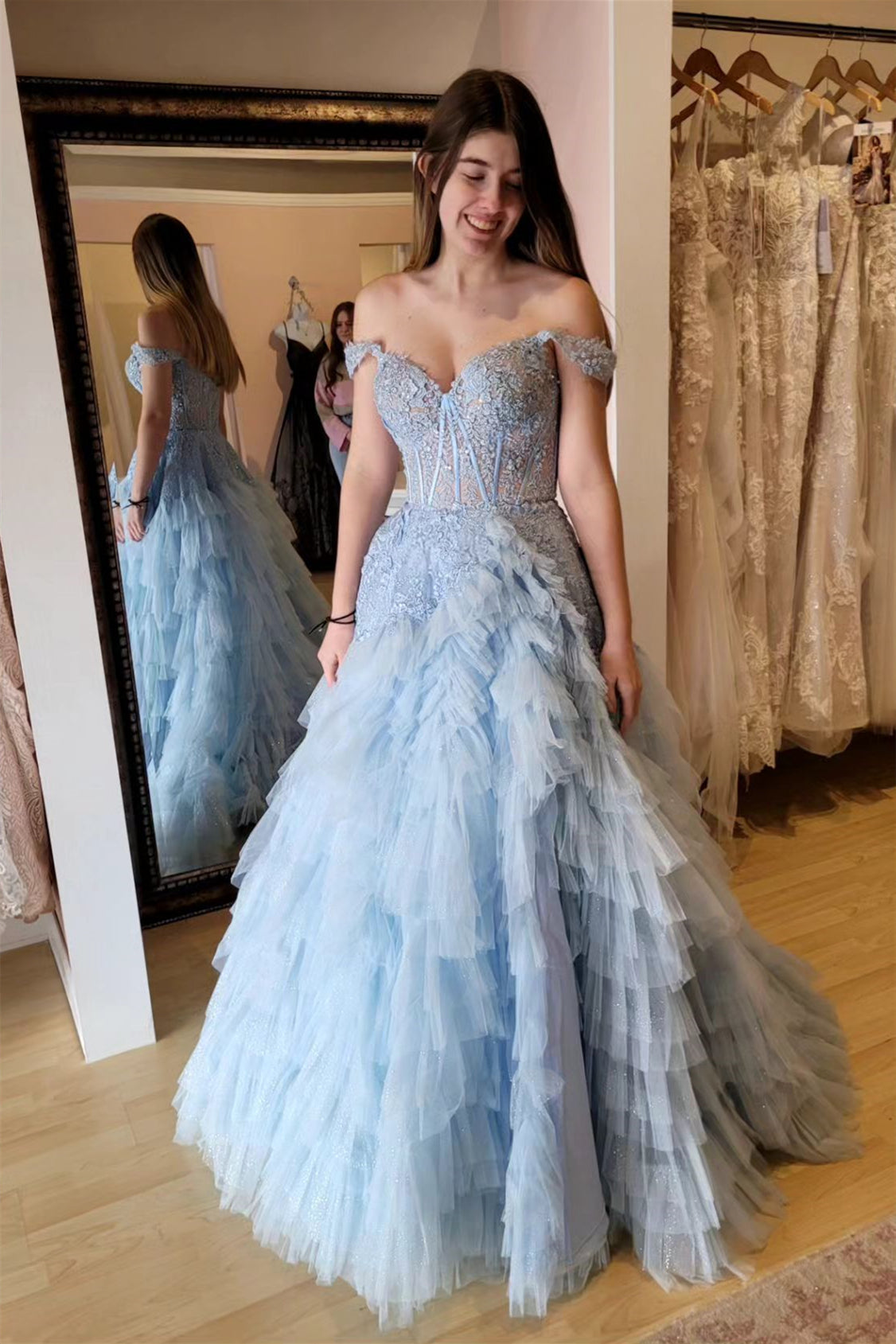 Light Blue Off-Shoulder Floral Layers Long Prom Dress – Dreamdressy Light Blue Off-Shoulder Floral Layers Long Prom Dress – Dreamdressy