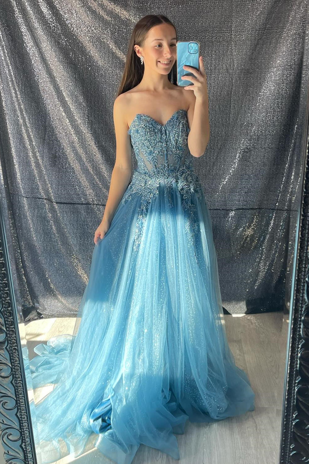 Aqua Strapless Floral Appliques A-line Long Prom Dress Aqua Strapless Floral Appliques A-line Long Prom Dress