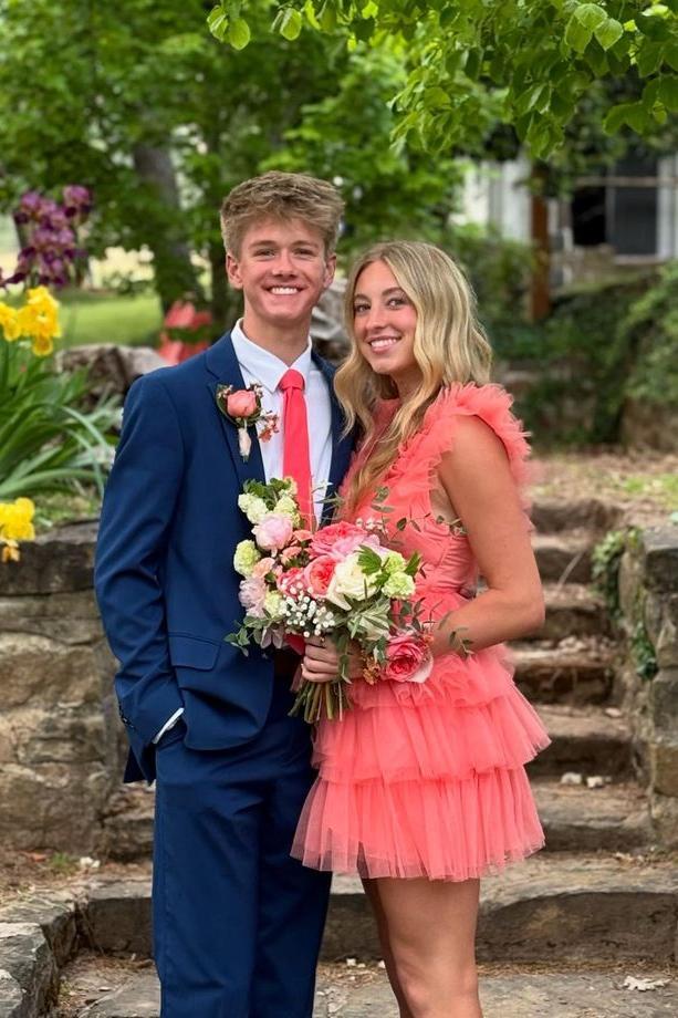 Pink Ruffle-Layers Plunging V Neck Homecoming Dress