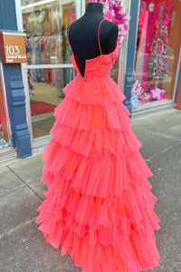 Red Layers A-line Plunging V Neck Long Prom Dress