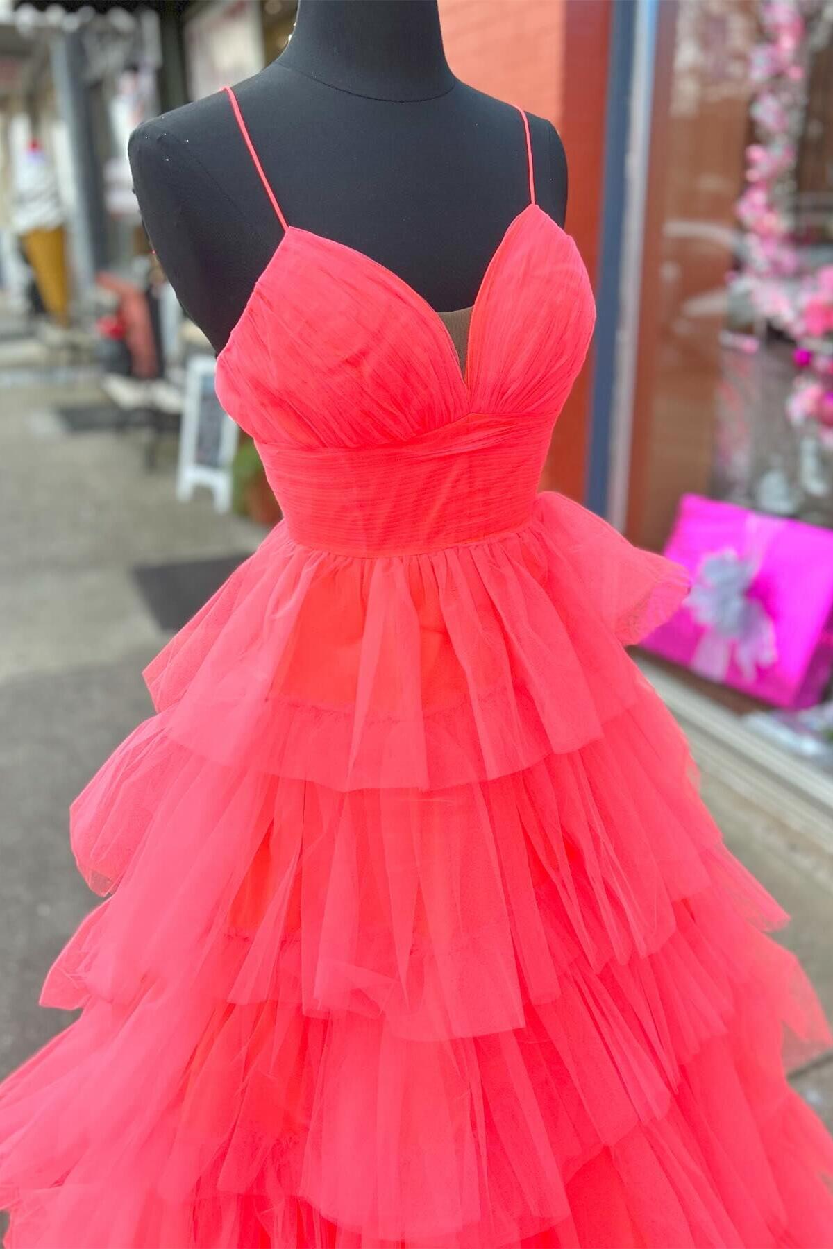 Red Layers A-line Plunging V Neck Long Prom Dress