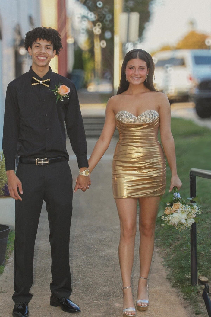 Rhinestones Sweetheart Gold Metallic Tight Dress