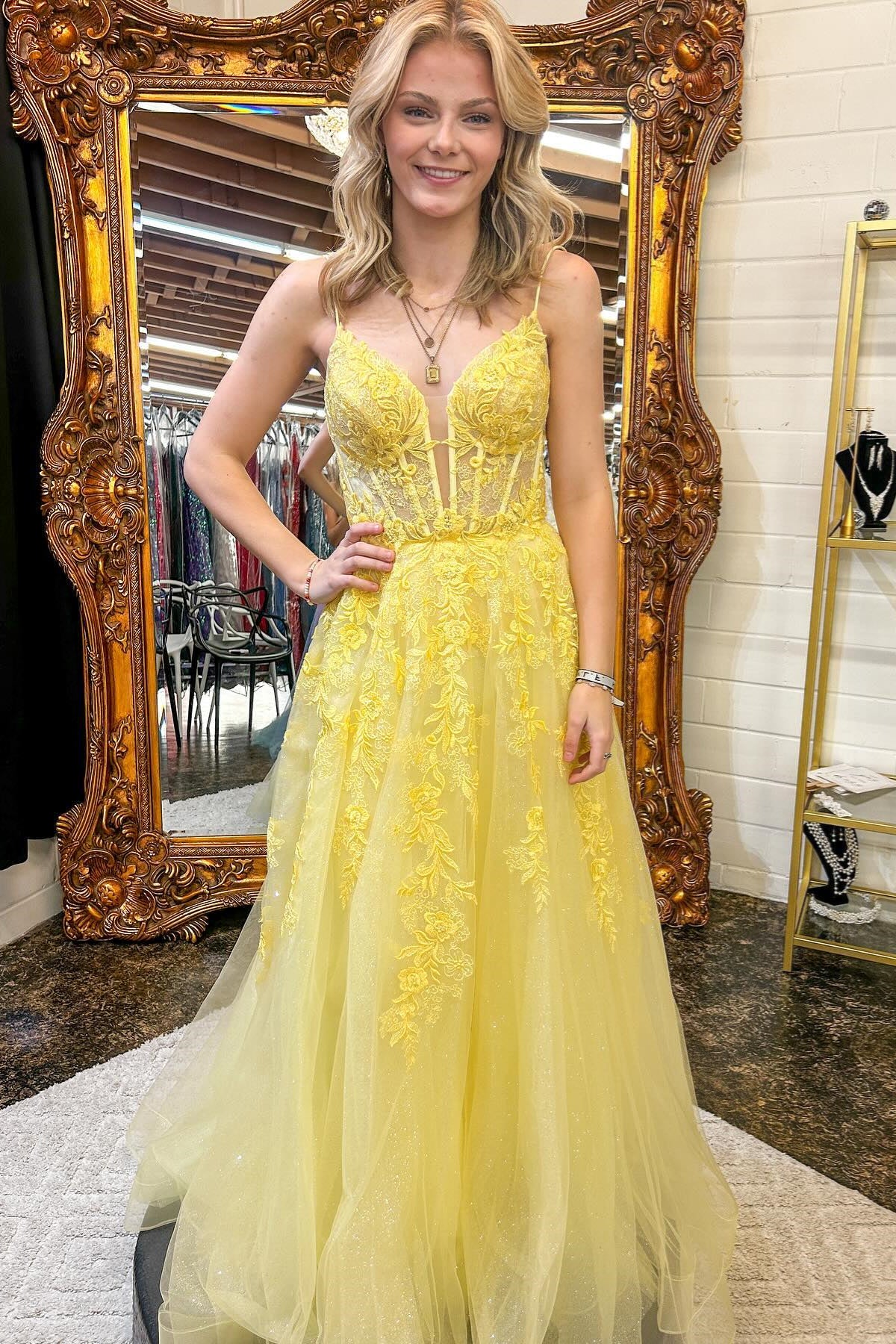 Yellow Floral Spaghetti Straps A-line Long Prom Dress Dreamdressy Yellow Floral Spaghetti Straps A-line Long Prom Dress Dreamdressy