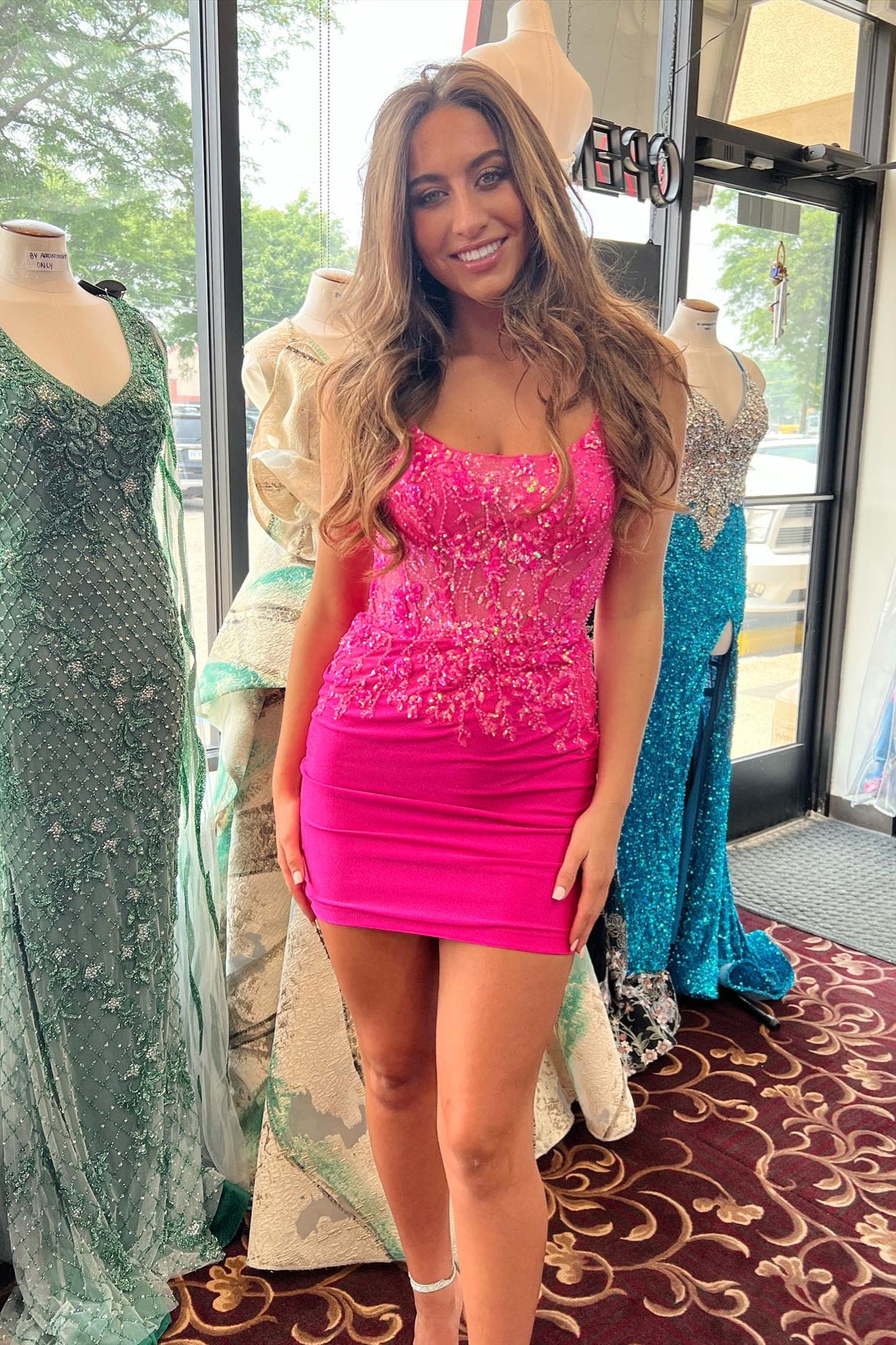 hot pink sequin homecoming dress Sparkly Hot Pink Sequins Backless Homecoming Dresses SH604