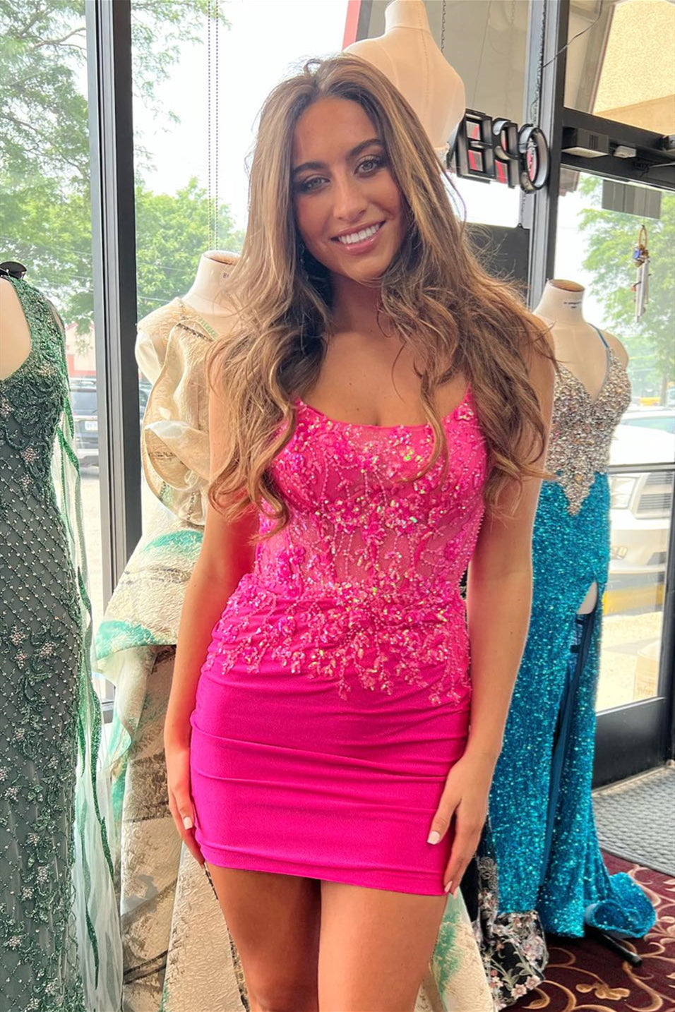 Hot Pink Sequin-Embroidered Lace-Up Sheath Satin Homecoming Dress   Dreamdressy