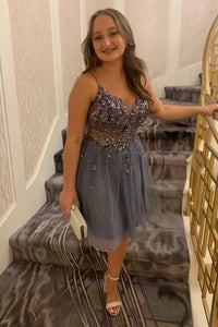 Grey Straps Deep V Neck Appliques Tulle Homecoming Dress
