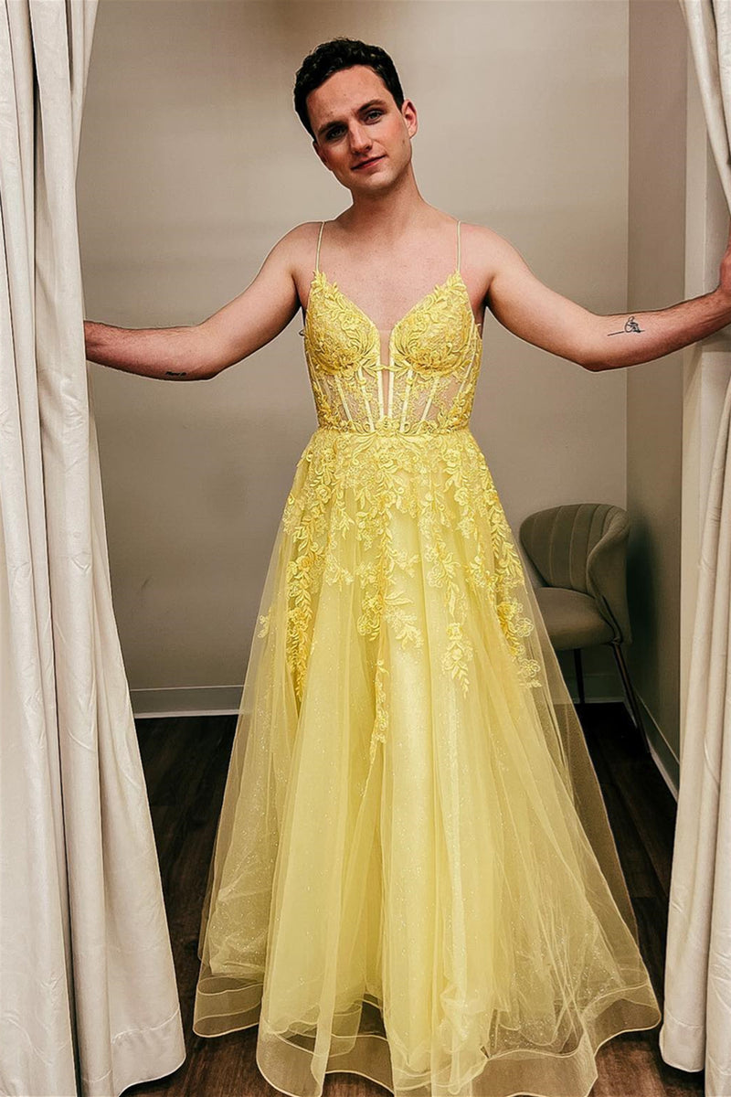 Yellow Floral Spaghetti Straps A-line Long Prom Dress Dreamdressy Yellow Floral Spaghetti Straps A-line Long Prom Dress Dreamdressy