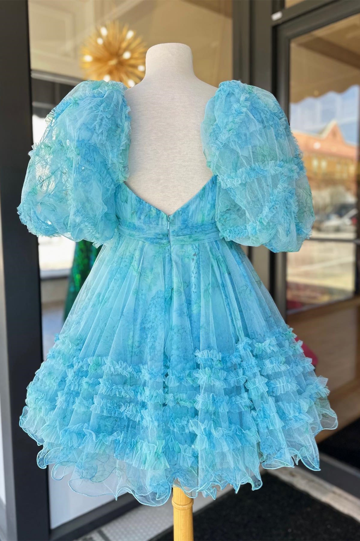 Blue Puff Sleeves Ruffles Babydoll Homecoming Dress with Bow – Dreamdressy Blue Puff Sleeves Ruffles Babydoll Homecoming Dress with Bow – Dreamdressy