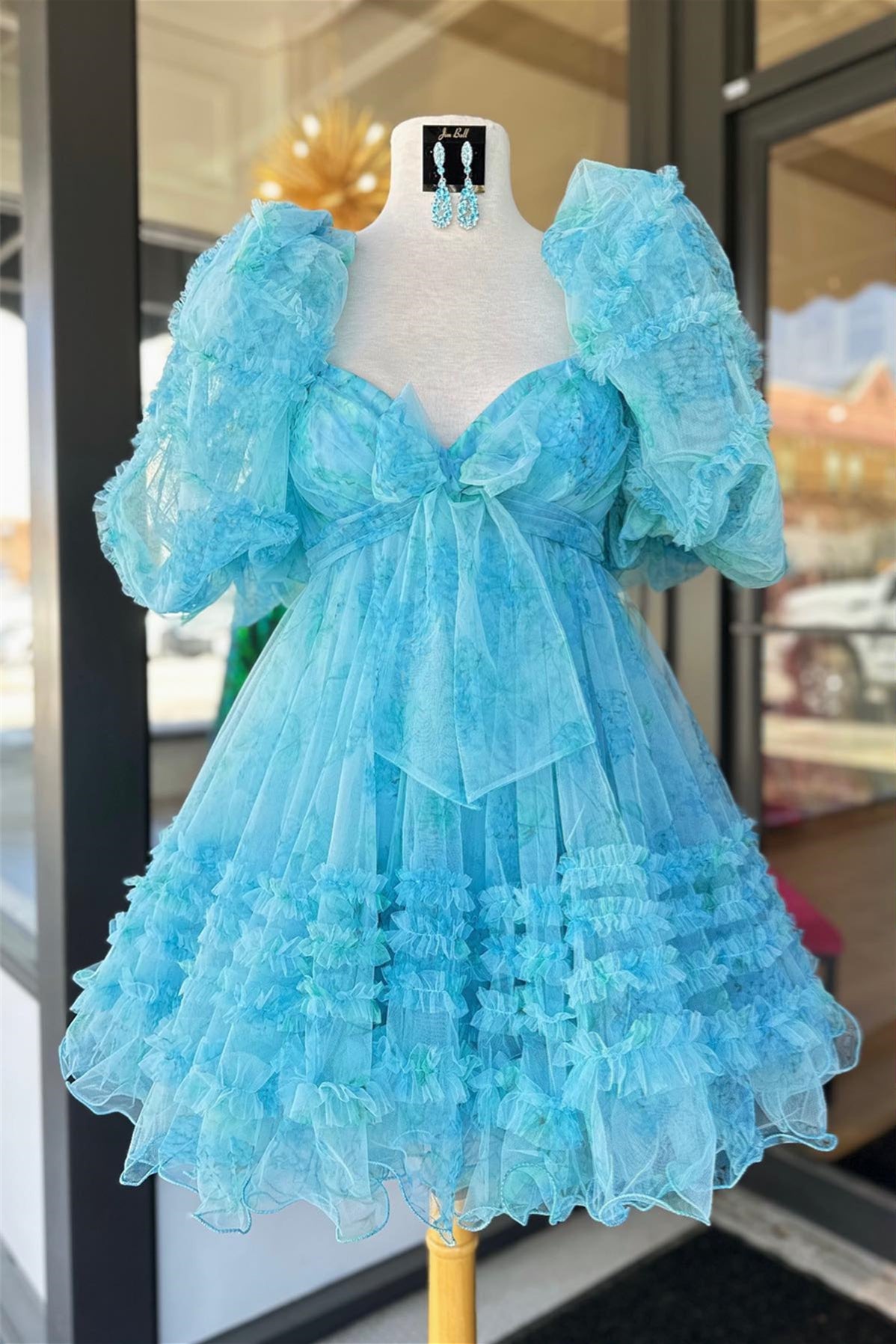 Blue Puff Sleeves Ruffles Babydoll Homecoming Dress with Bow Blue Puff Sleeves Ruffles Babydoll Homecoming Dress with Bow