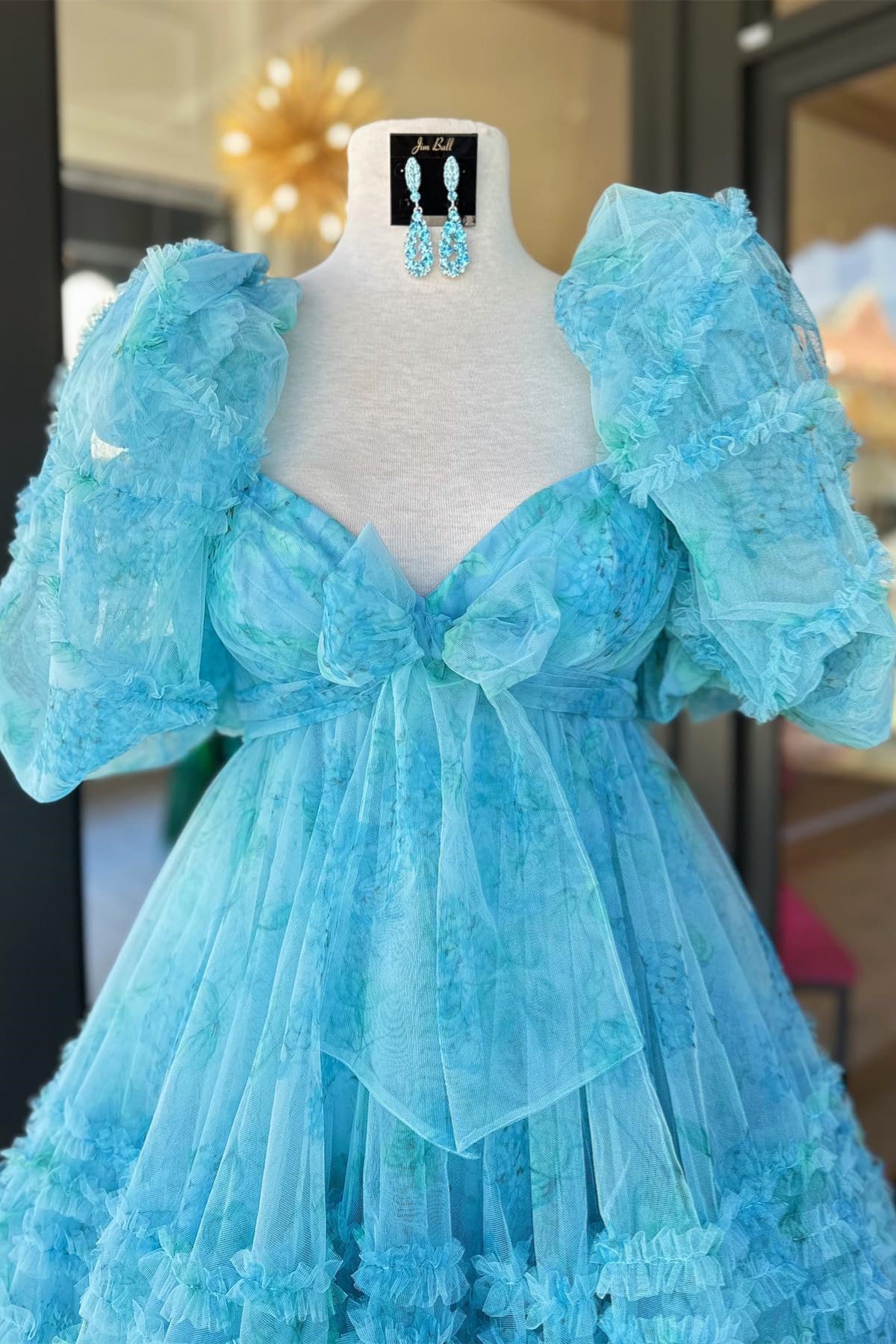 Blue Puff Sleeves Ruffles Babydoll Homecoming Dress with Bow Dreamdressy Blue Puff Sleeves Ruffles Babydoll Homecoming Dress with Bow Dreamdressy
