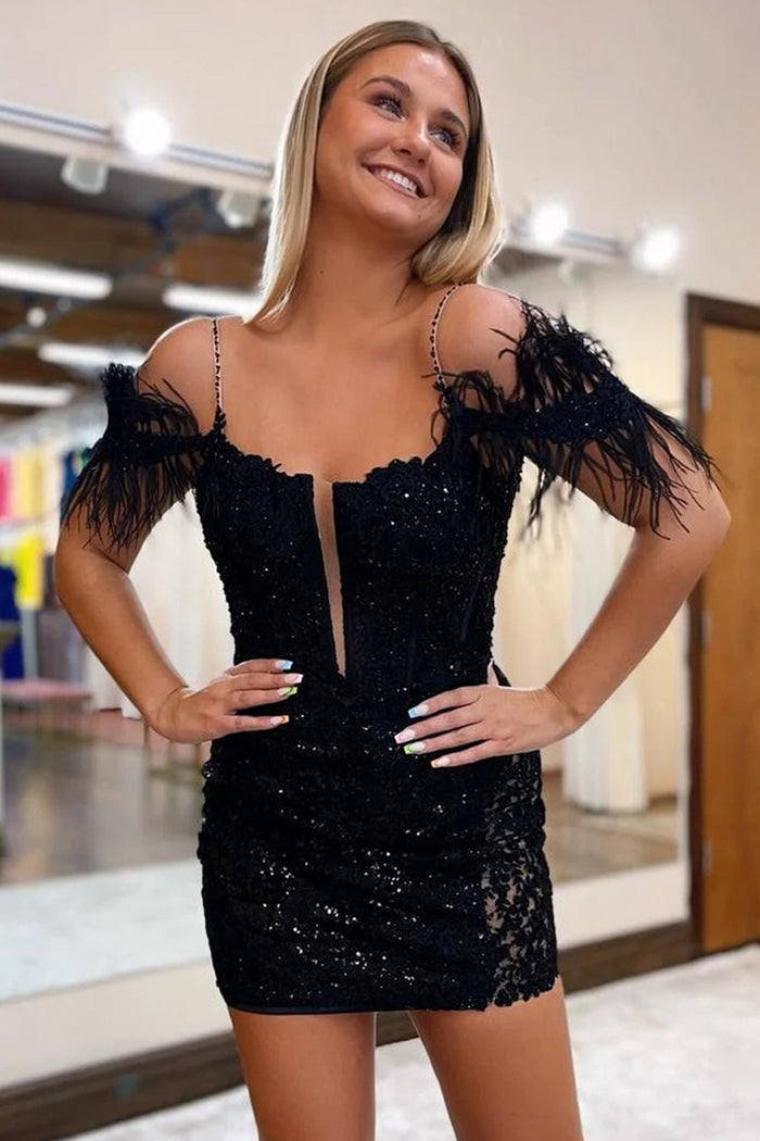black homecoming dresses with feathers Jovani 37435 Black feather dress 2 / Black