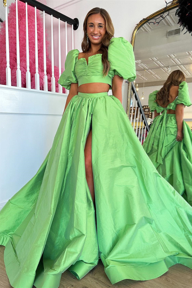 Green Puff Sleeves Bow Tie Back Two-Piece Aline Long Prom Dress with S   Dreamdressy