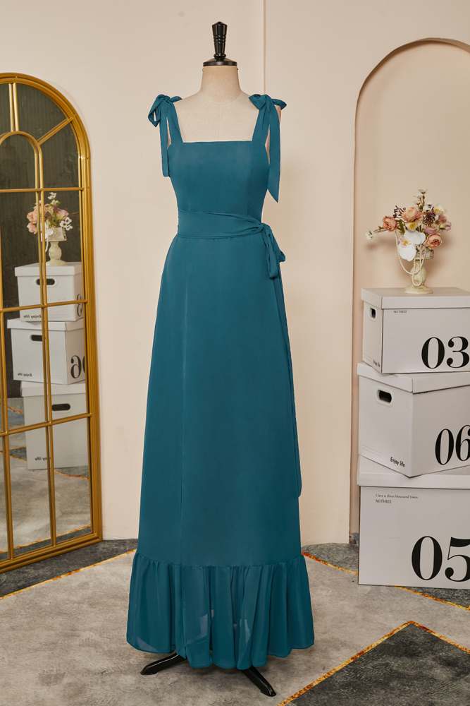 Teal Bow Tie Straps A-line Chiffon Long Bridesmaid Dress with Sash –  Dreamdressy