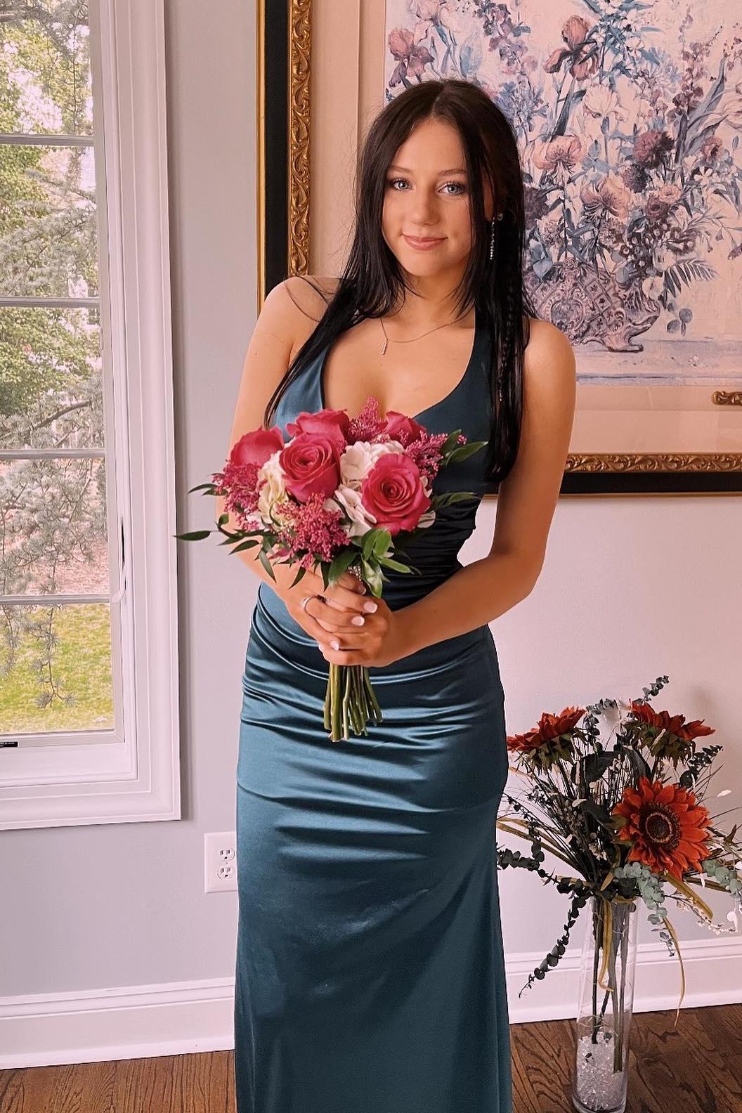 Navy Blue V Neck Satin Fitted Long Formal Dress