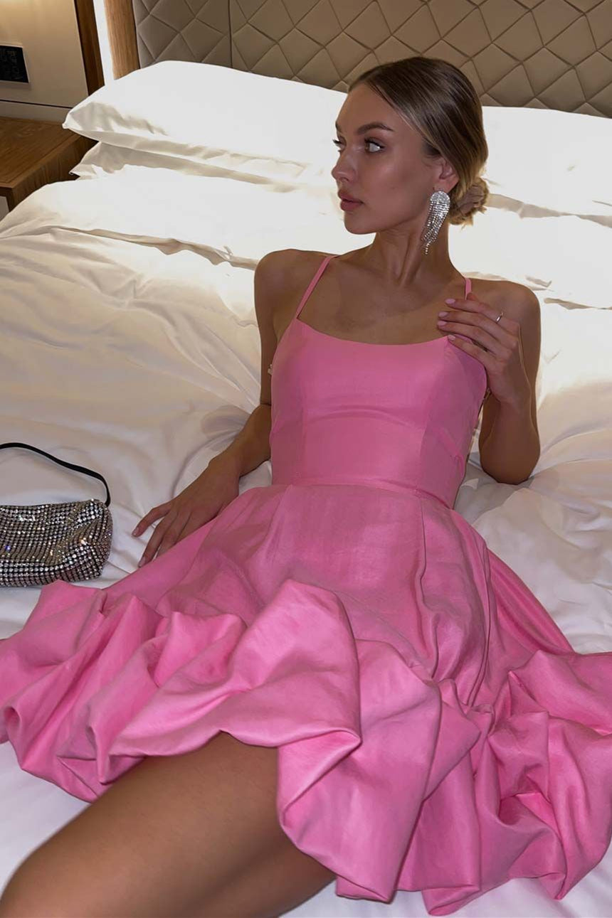 Pink Straps A-line Ruffle Homecoming Dress