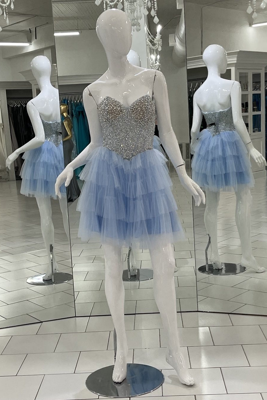 Light Blue Beaded Top A-line Multi-Layers Homecoming Dress