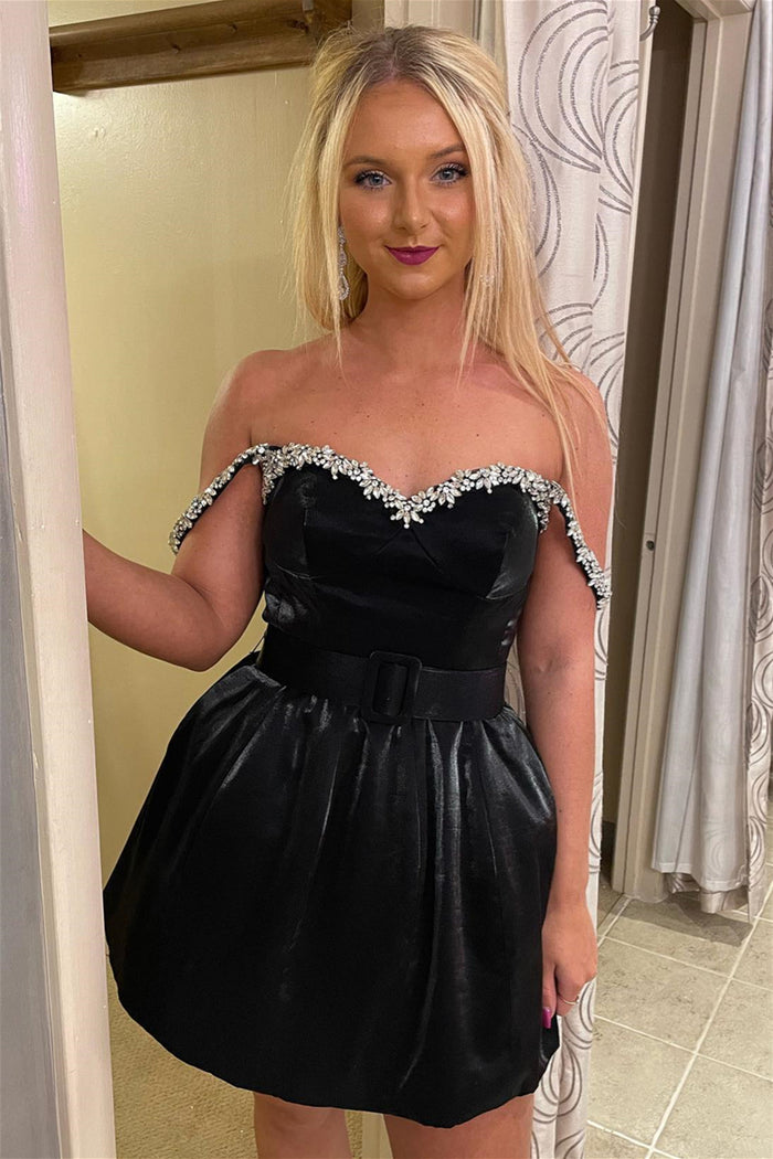 Black Leather Beaded Off-the-Shoulder A-line Homecoming Dress