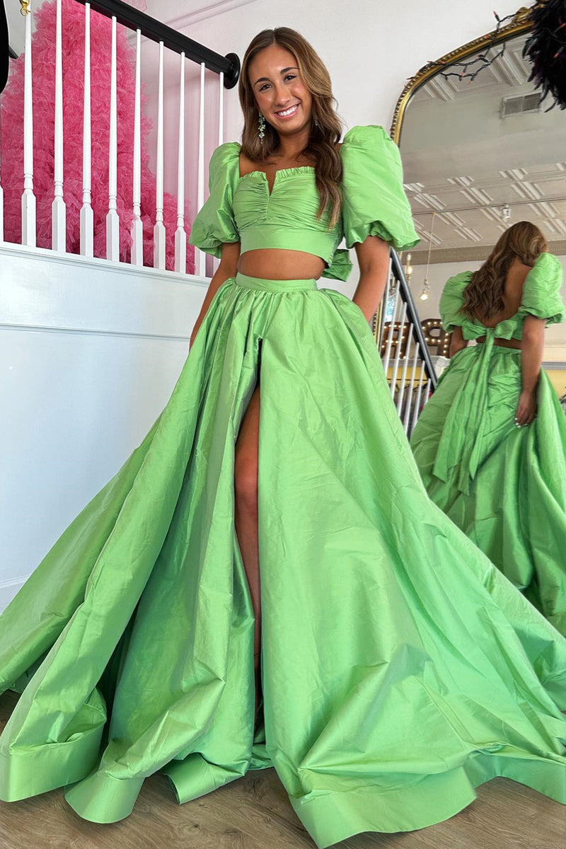 Green Puff Sleeves Bow Tie Back Two-Piece Aline Long Prom Dress with S Dreamdressy Green Puff Sleeves Bow Tie Back Two-Piece Aline Long Prom Dress with S Dreamdressy