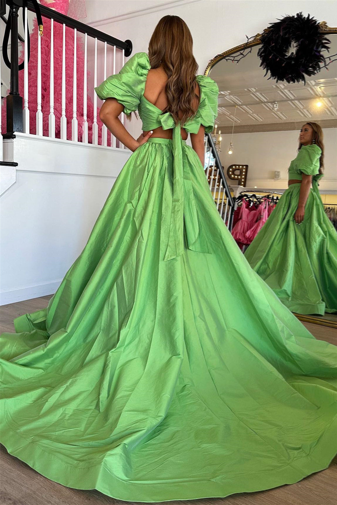 Green Puff Sleeves Bow Tie Back Two-Piece Aline Long Prom Dress with S Dreamdressy Green Puff Sleeves Bow Tie Back Two-Piece Aline Long Prom Dress with S Dreamdressy