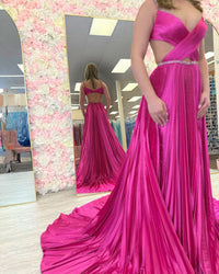 Purple Sequin Strap Pleated Prom Dress with Keyhole