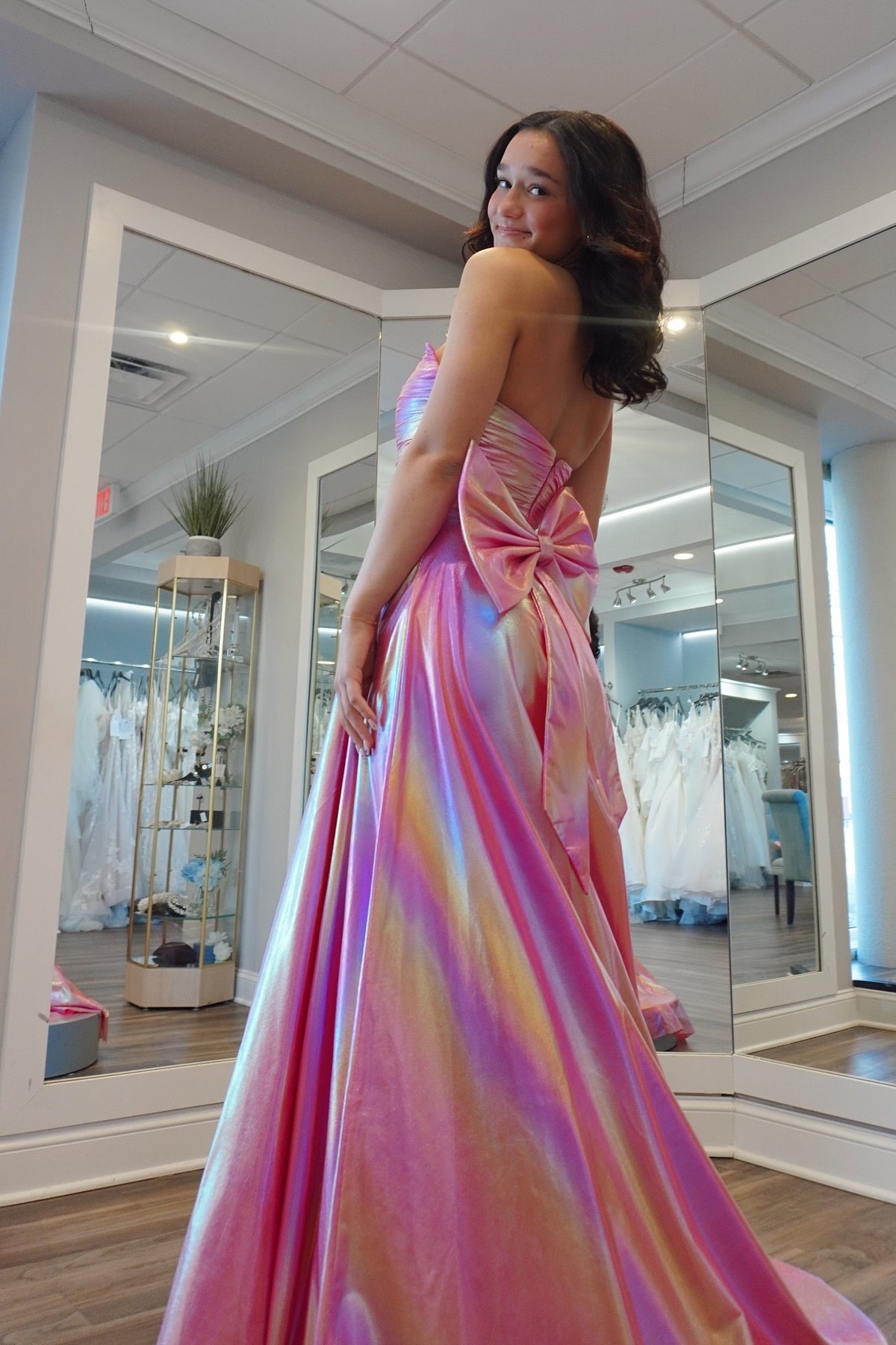 Strapless Metallic Ruched Prom Dress with Bow – Dreamdressy