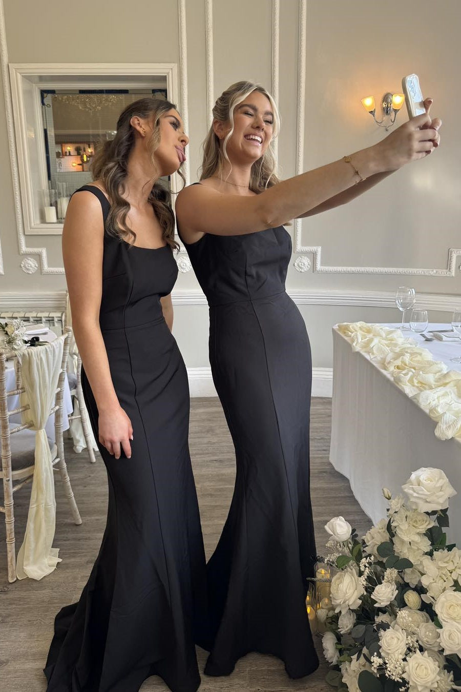 scoop neck bridesmaid dress Blue Scoop Neck Spaghetti Strap Charmeuse Panel Train Bridesmaid Dress
