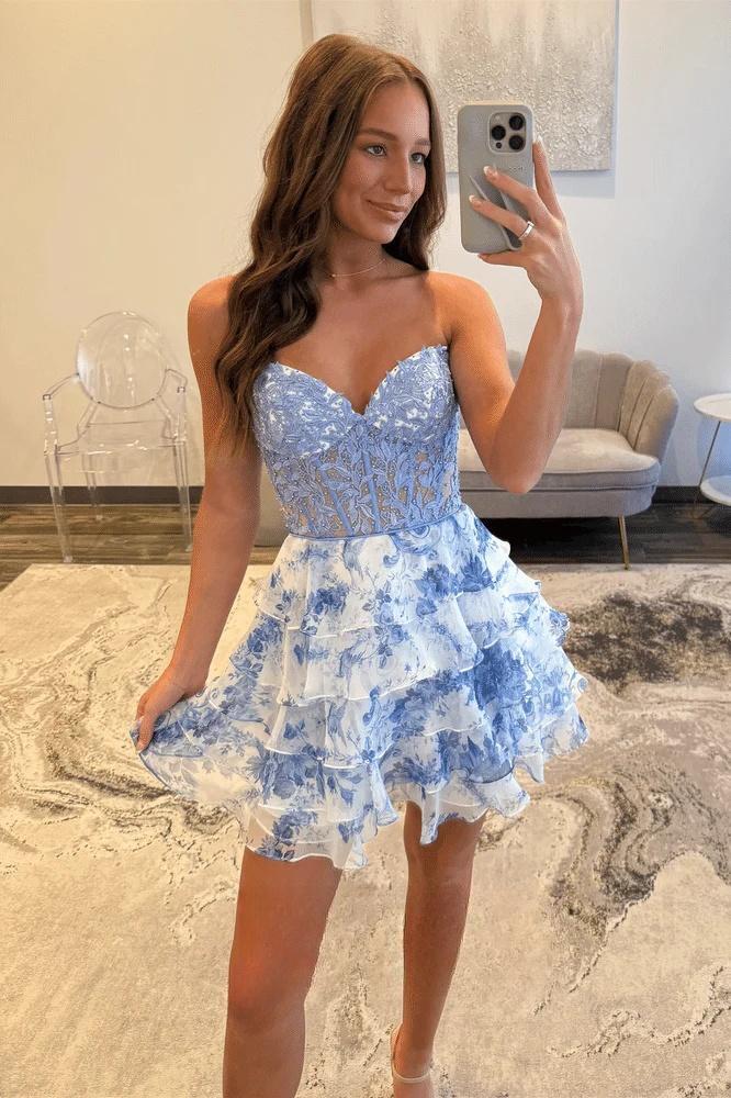 Pink Appliques Floral A-line Short Ruffle Dress