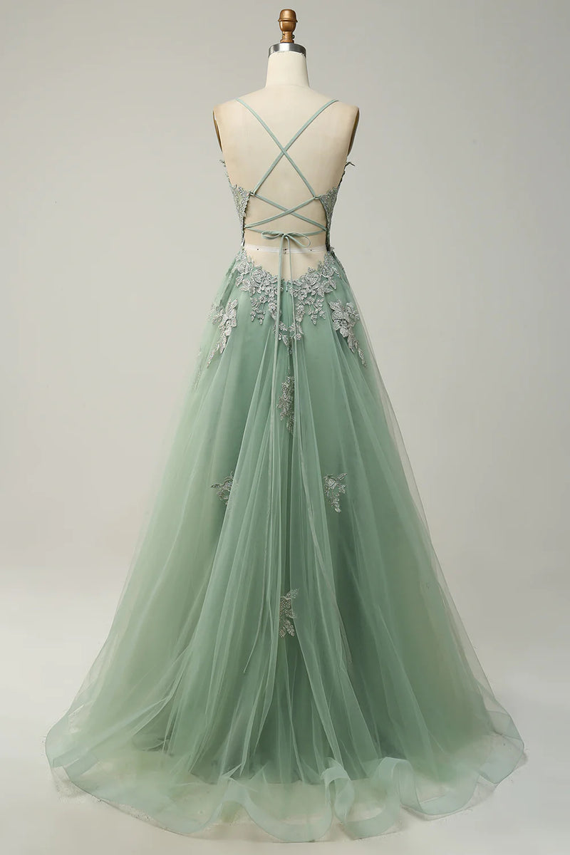 Dusty Sage A-line V Neck Appliques Tulle Long Prom Dress with Slit –  Dreamdressy
