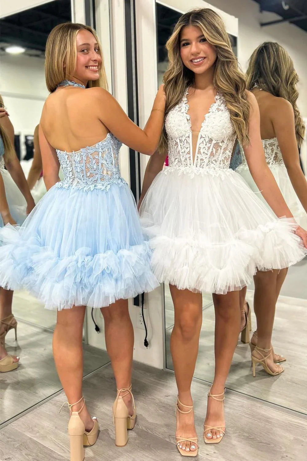 Halter White Appliques Ruffled Short Dress