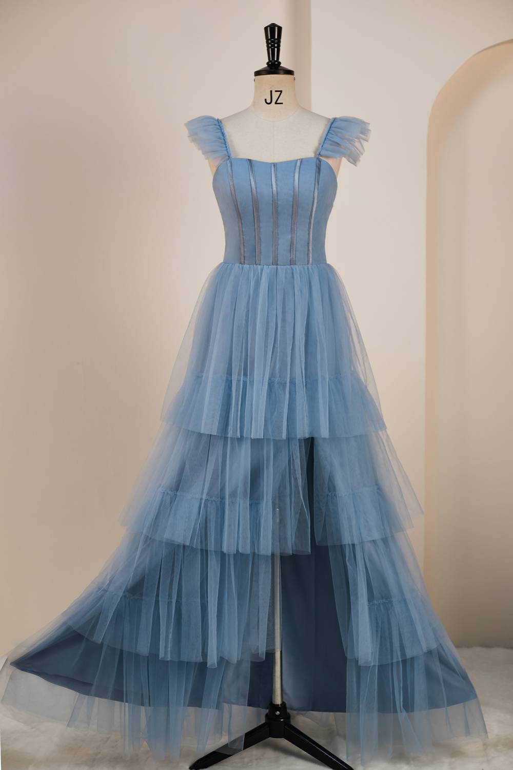 prom dress with flutter sleeves Dusty Blue Flutter Sleeves A-line Multi-Layers Long Prom Dress with Slit