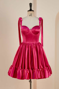 Rose Pink A-line Bow Tie Straps Ruffled Satin Homecoming Dress