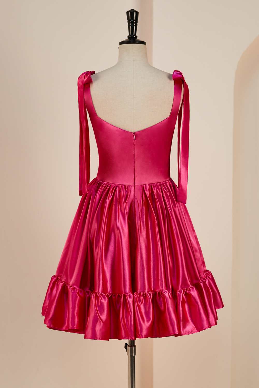 Rose Pink A-line Bow Tie Straps Ruffled Satin Homecoming Dress