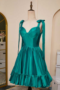 Hunter Green A-line Bow Tie Straps Ruffled Satin Homecoming Dress