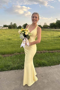 Navy Blue V Neck Satin Fitted Long Formal Dress
