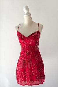 Straps Red Beaded Tight Mini Dress