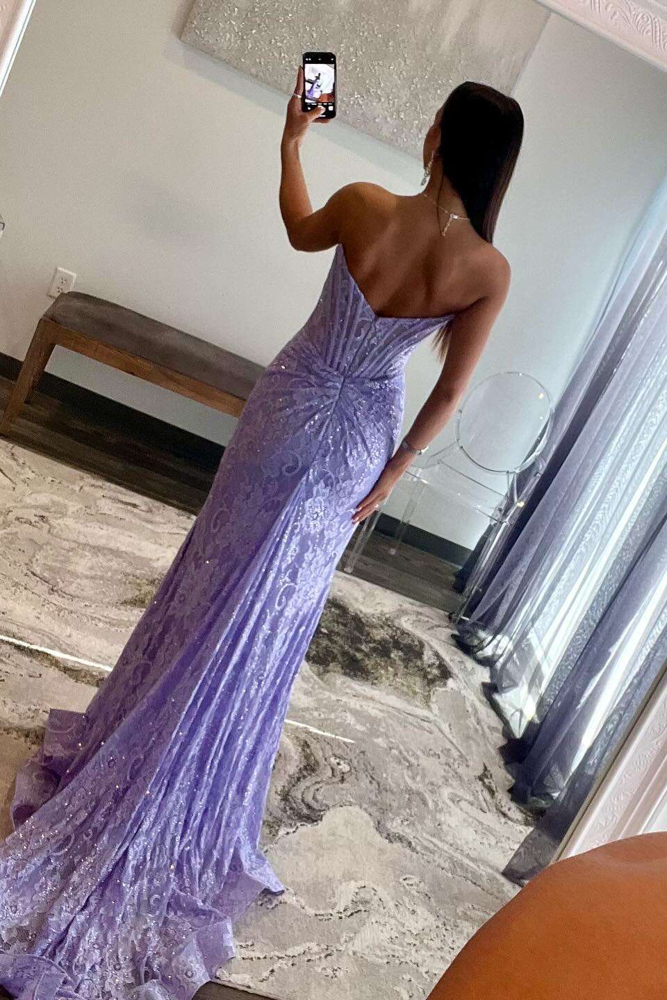Bright Pink Strapless Lace Appliques Mermaid Prom Dress with Slit