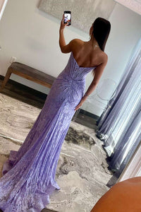 Bright Pink Strapless Lace Appliques Mermaid Prom Dress with Slit