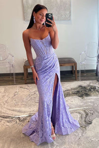 Bright Pink Strapless Lace Appliques Mermaid Prom Dress with Slit