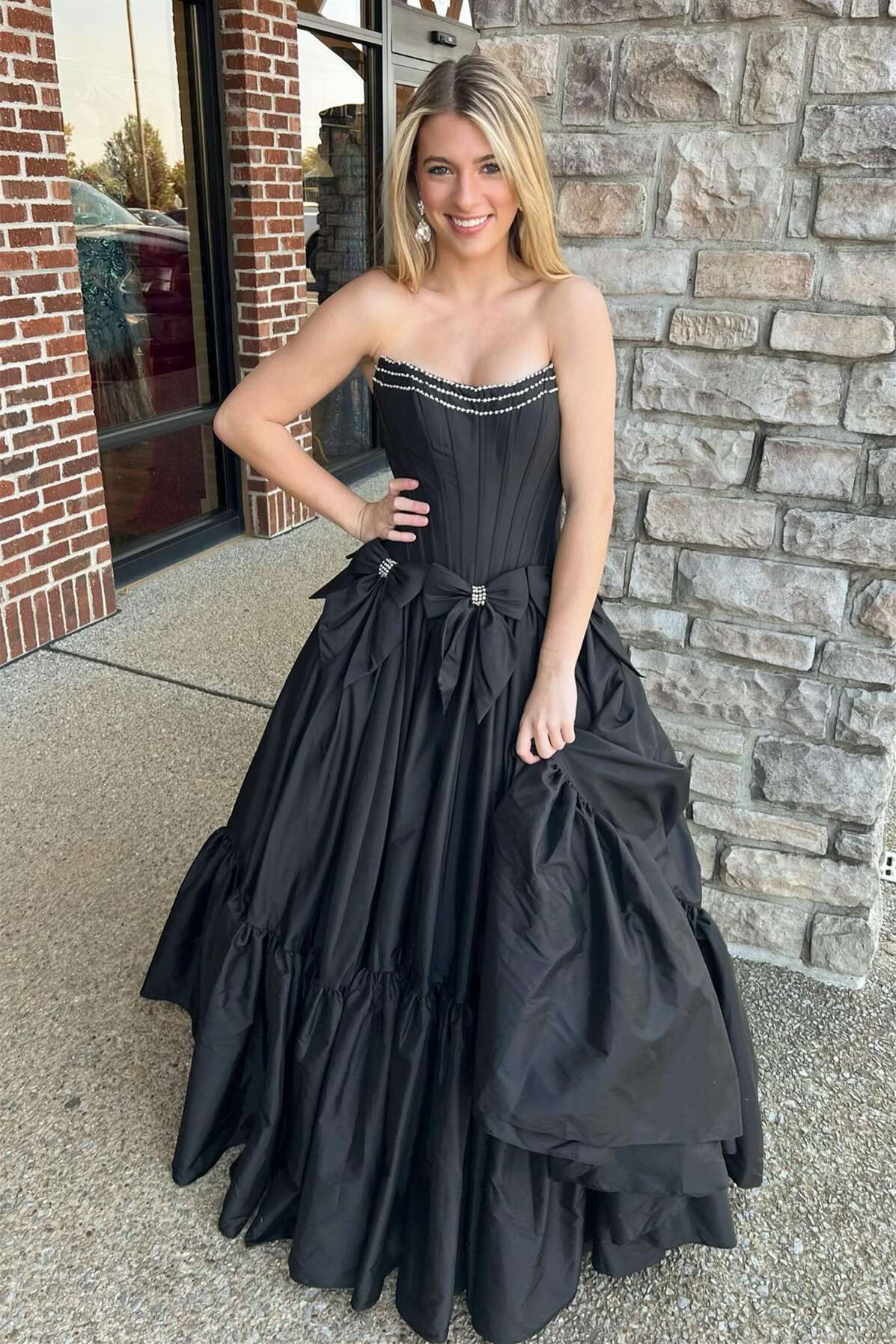 Strapless Beaded Yellow A-line Prom Dress with Bow