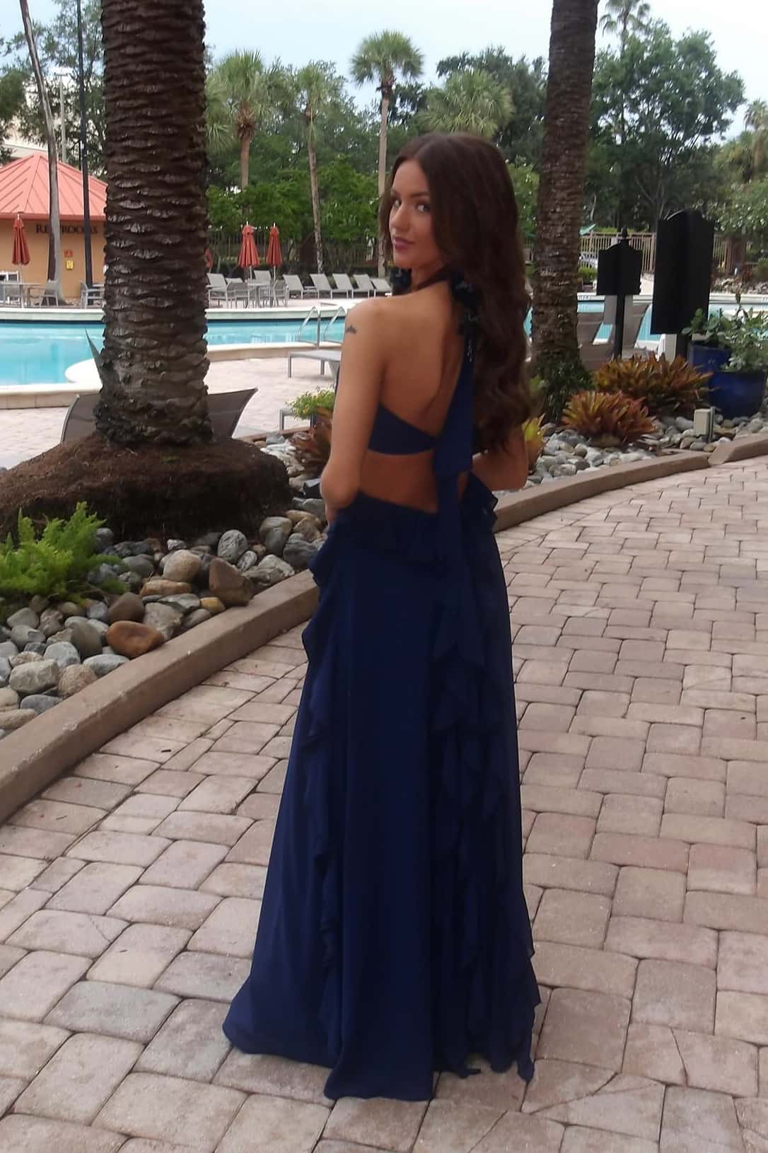 Halter Pink Chiffon Cutouts Ruffle Maxi Dress