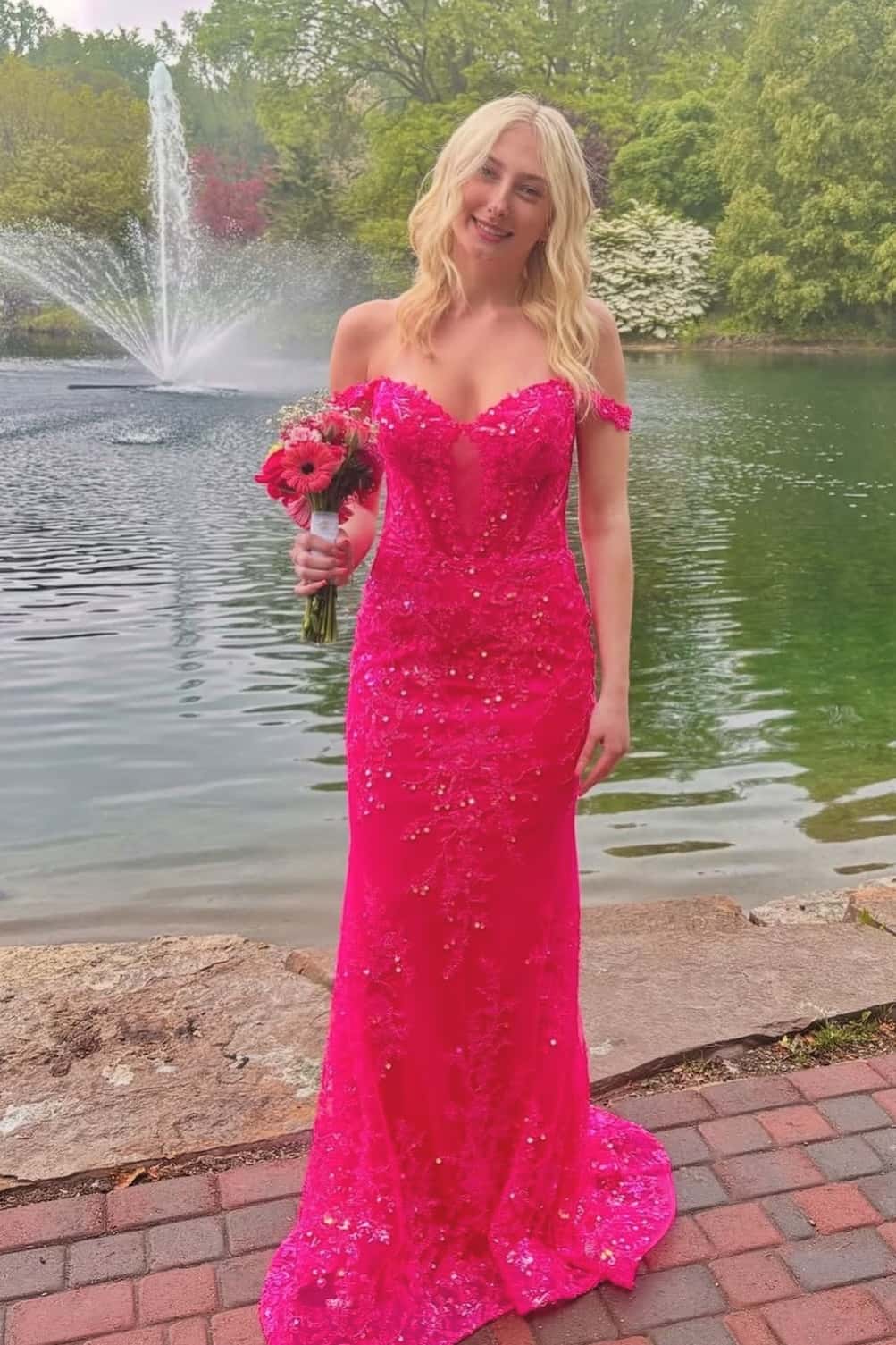 Off the Shoulder Fuchsia Appliques Mermaid Formal Dress
