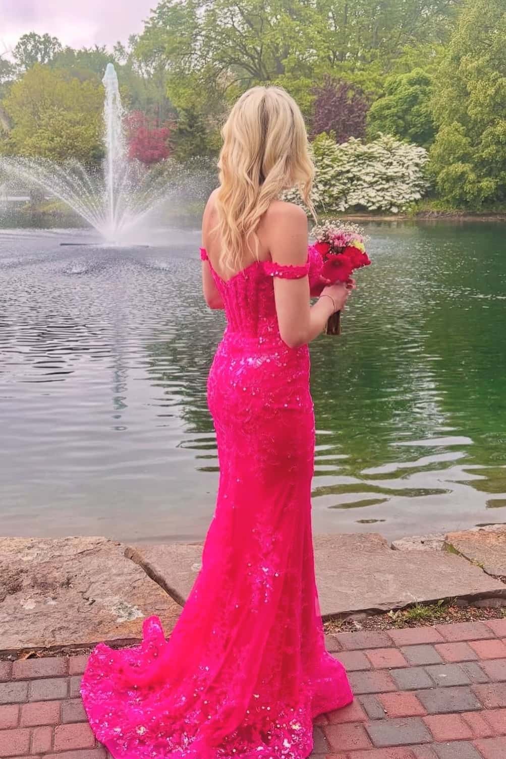 Off the Shoulder Fuchsia Appliques Mermaid Formal Dress
