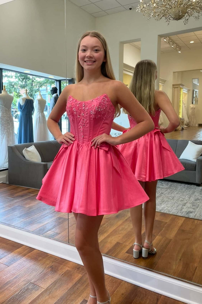 Strapless Hot Pink Appliques A-line Short Dress